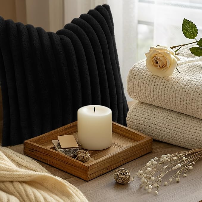decorUhome Fall Faux Fur Throw Pillow Covers 12x20 Set of 2 Black | Decorative - Image 9