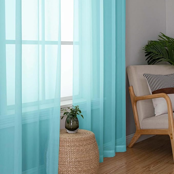 Aqua Sheer Curtains for Living Room 78 Inches Long 2 Pcs, Dual Rod Pockets - Image 2