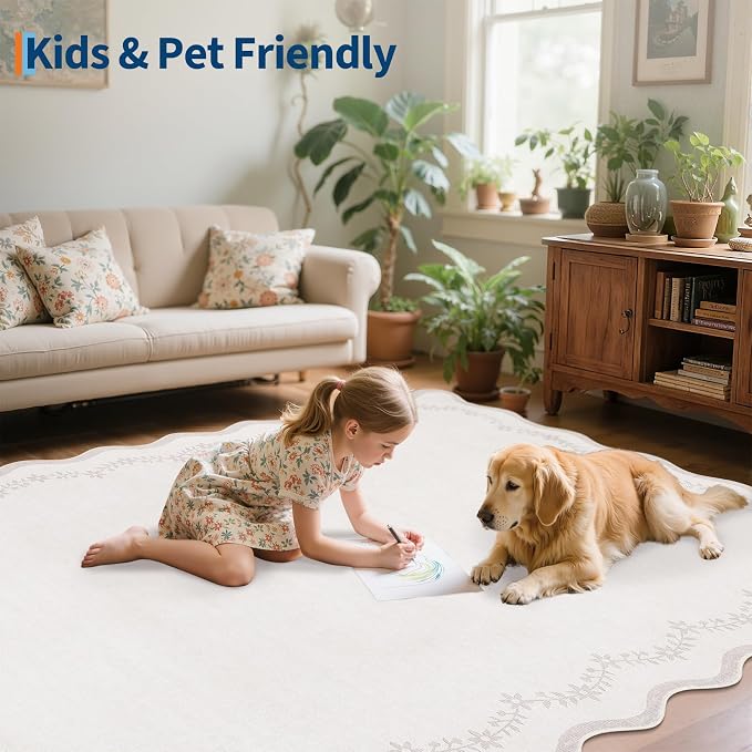 GarveeHome 4x6 Scalloped Washable Area Rug Beige Nursery Kids Bedroom Rug | - Image 4