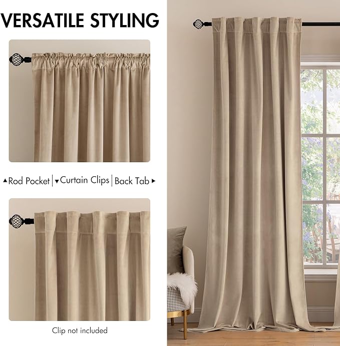 MIULEE Velvet Curtains 52x72 inches 2 Panels Camel Beige Blackout Curtains | - Image 2