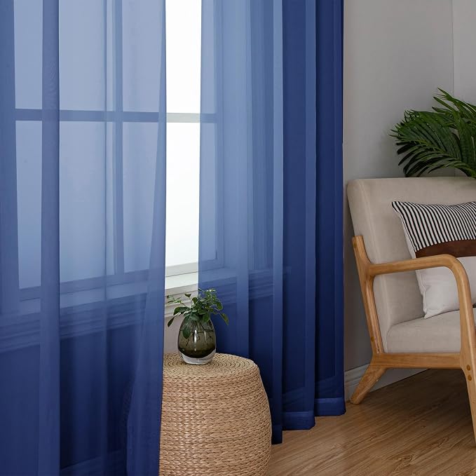 Royal Blue Sheer Curtains 96 Inches Long 2 Panels, Farmhouse Voile Sheer Curtain - Image 3