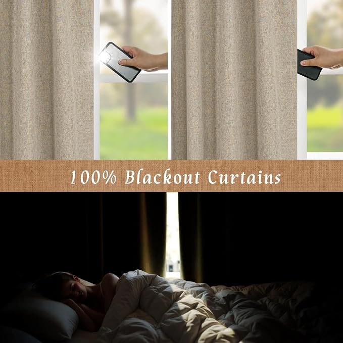 Taupe 100% Blackout Linen Window Curtains 60 Inches 2 Panels | Room Darkening - Image 4