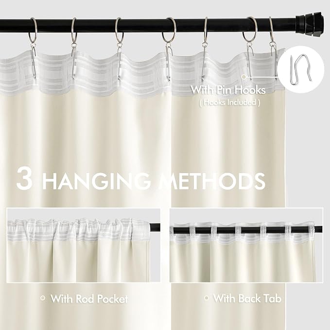 MIULEE Cream Back Tab Blackout Curtains 52x96 Inch Long 2 Panels Set | Rod - Image 3