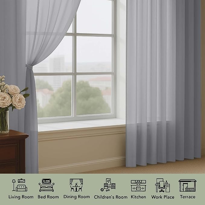 Extra Long Grey Sheer Curtains 96 Inches Long 2 Panels Set, Soft Lightweight - Image 3