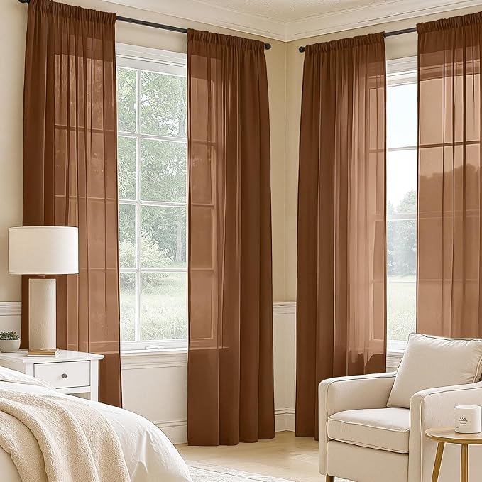 MIULEE Dark Brown Sheer Curtains 108 Inches Long 4 Panels 42 x 108 Inches | - Image 2