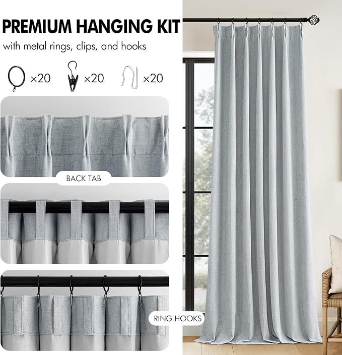 MIULEE Grayish Blue Pinch Pleated 100% Blackout Linen Curtains 40x90 Inches | - Image 8