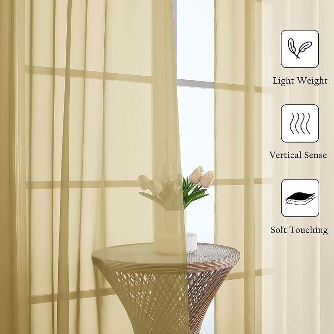 Gold Sheer Curtains 63 Inch Length 2 Panels, Rod Pockets Window Treatments - Image 5