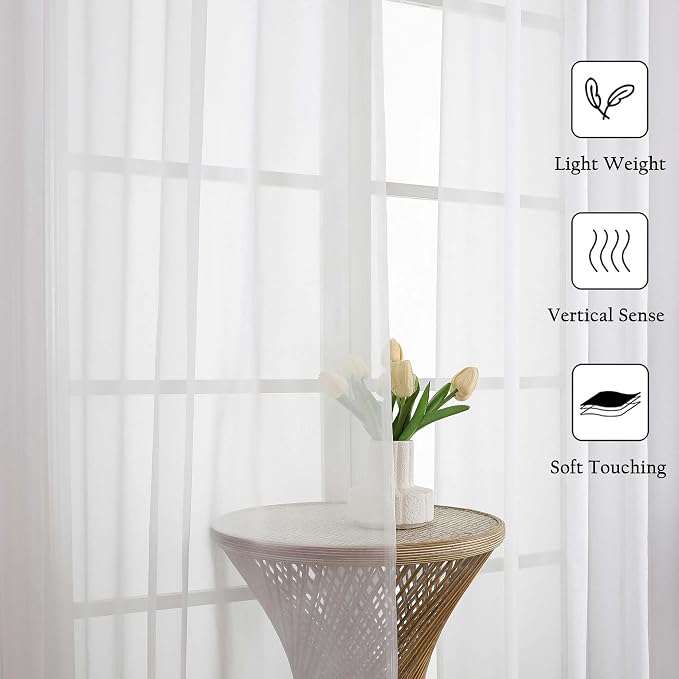 White Sheer Curtains 102 Inches Long 2 Pcs, Light Filtering Living Room Curtains - Image 7