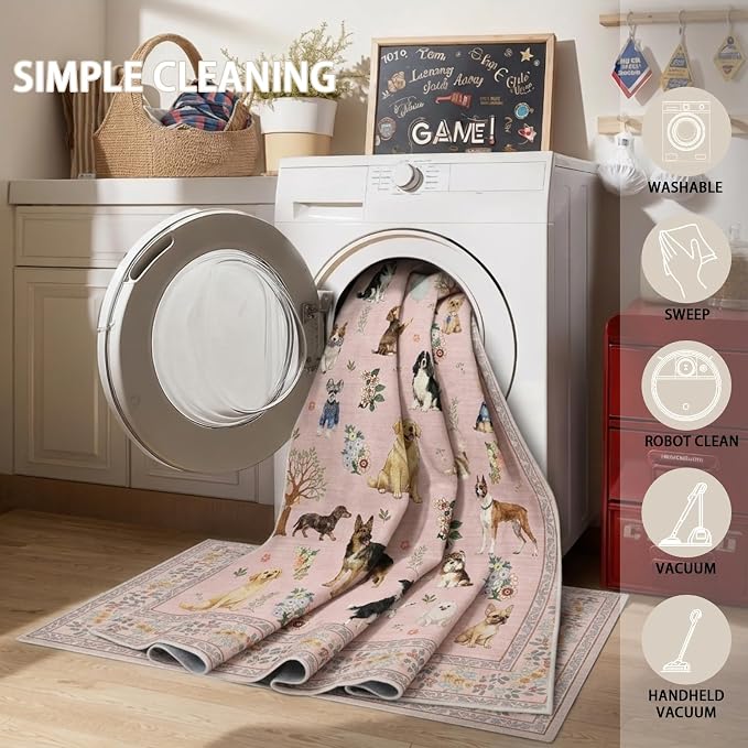 Pink Dogs Animal Area Rug 5x7 for Living Room Bedroom | Ultra-Thin;Boho Style; - Image 6