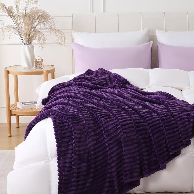 Deep Purple Throw Blanket for Couch Sofa 50x60 inches Striped Design | Fleece - Image 5