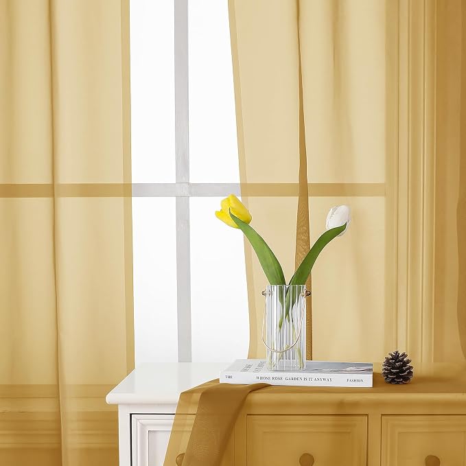 Gold Sheer Curtains 63 Inch Length 2 Panels, Airy Light Filtering Voile Curtain - Image 7