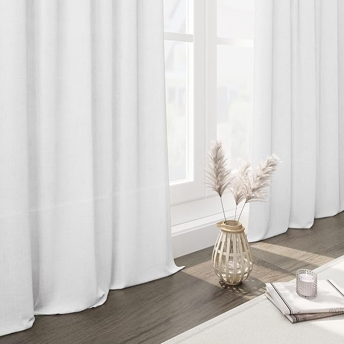 Off White Linen Sheer Curtains 54 Inch Length 2 Panel Set Back Tab Pocket Semi - Image 6