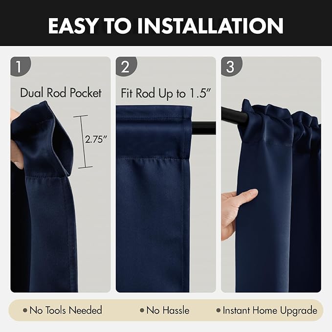 MIULEE 4 Panels Set Navy Blue Blackout Curtains 63 Inch Length Bedroom | - Image 7