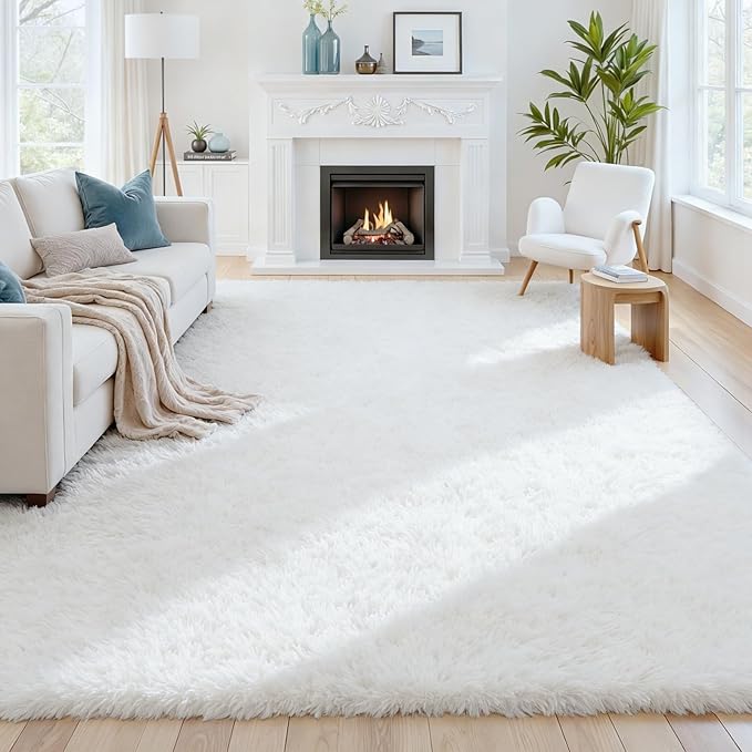 6x9 Fluffy Shag Area Rugs for Living Room Bedroom: Soft Plush Carpet White | by CarpetAddColortoYourLife