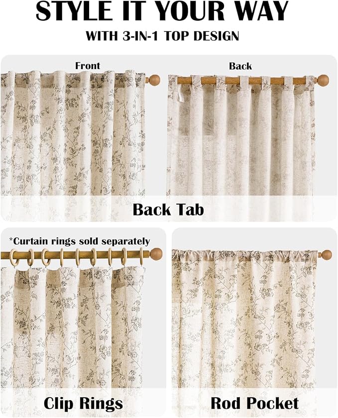 Grey Vintage Floral Linen Curtains Farmhouse 38W X 84L 2 Panels | Elisa Series - Image 4