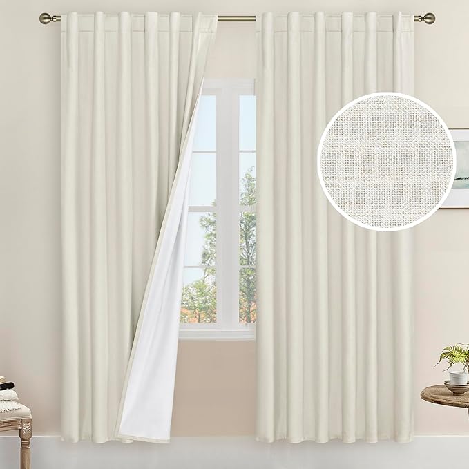 Natural 100% Blackout Linen Curtains 78 Inches, 52 x 78 Inch | Ivory, Thermal by LAMIT