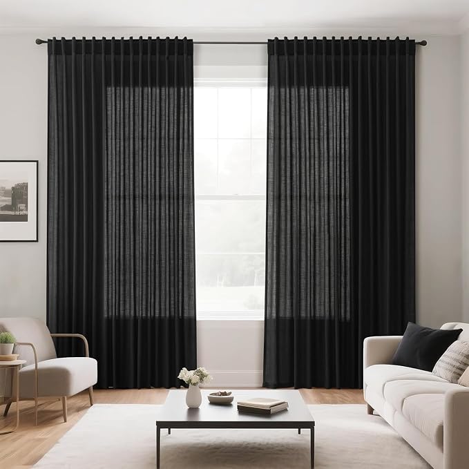 Black Semi Sheer Linen Curtains 78 inch Length - Image 8