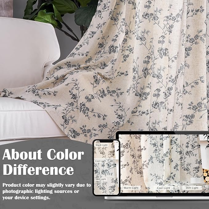 Black Vintage Floral Linen Curtains Farmhouse 50W X 90L 2 Panels | Elisa Series - Image 7