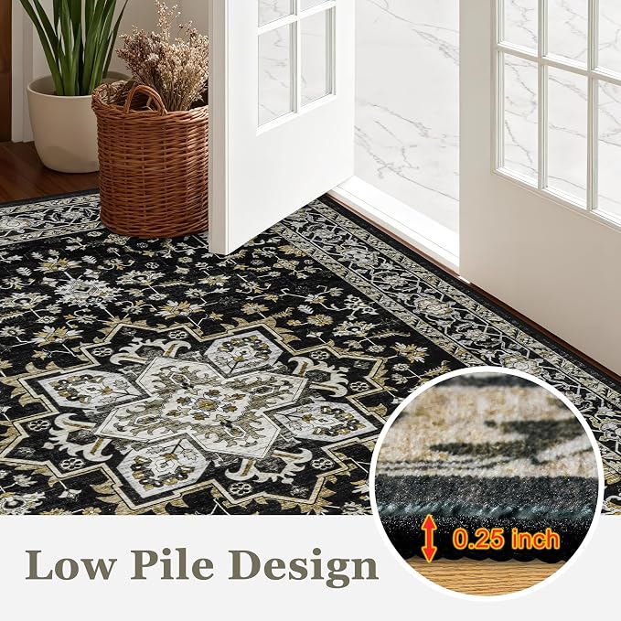 Round Area Rug for Living Room: 8ft Boho Washable Rug Black Gold | Vintage Boho - Image 8