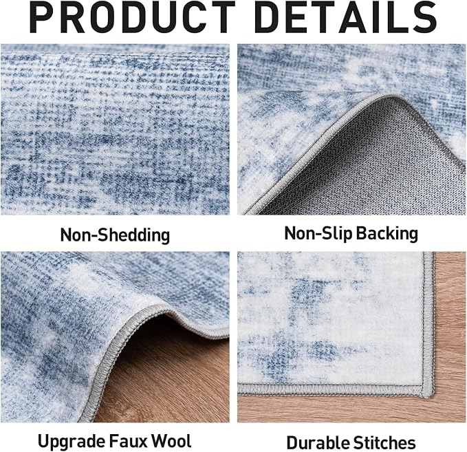 5x7 Area Rugs for Living Room: Washable Abstract Blue White Badroom Carpet | - Image 6