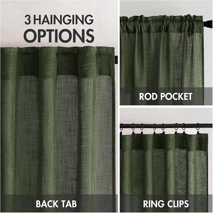 MIULEE Olive Green Linen Curtains 37x90 Inch Length 2 Panels | Bedroom Living - Image 3