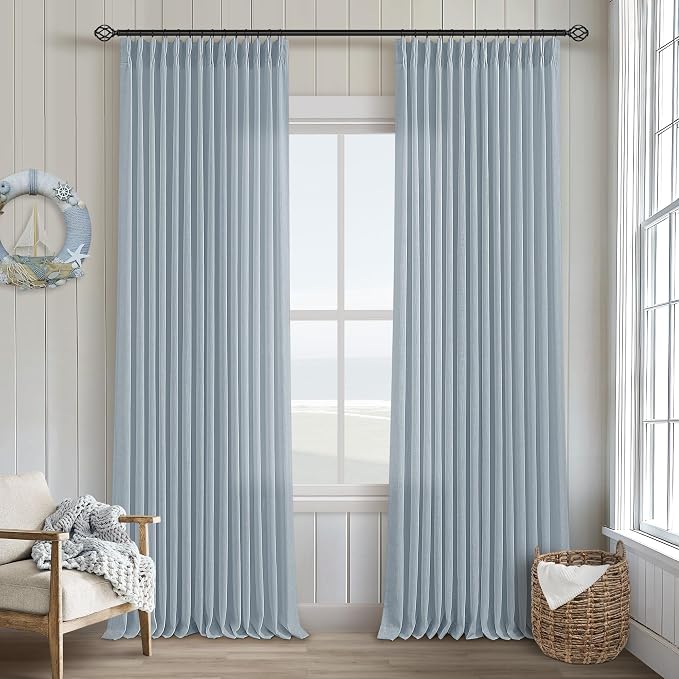 Dusty Blue Linen Pinch Pleated Curtains 108 Inches Long 2 Panels | Semi Sheer - Image 9