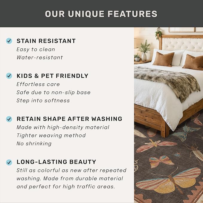 Brown 9x12 Living Room Area Rug, Washable Whimsical Insect Carpet - Image 7