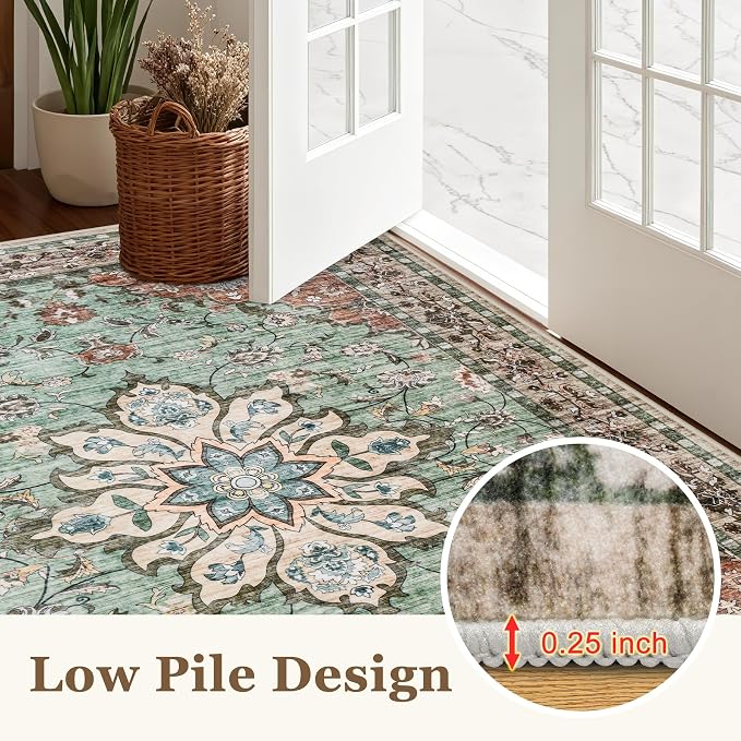 Round Area Rug for Living Room: 4ft Boho Washable Rug Brown Green | Vintage - Image 8