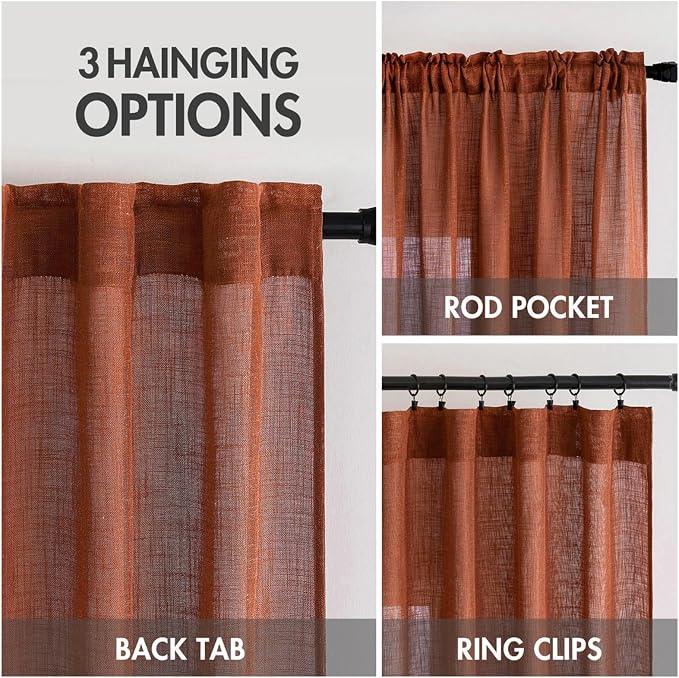 MIULEE Burnt Orange Fall Linen Curtains 52x63 Inch 2 Panels - Image 3