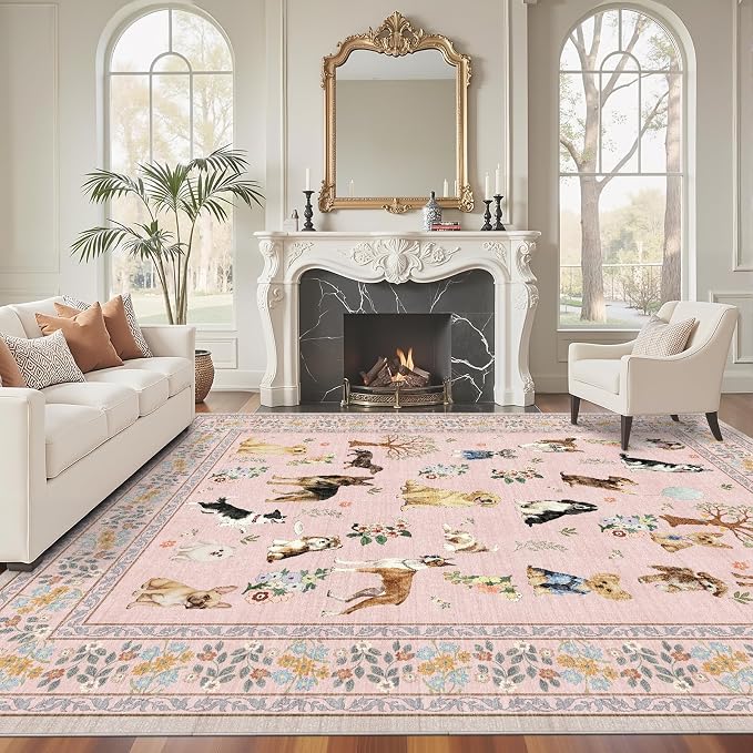 Pink Floral Area Rug 6x9 for Living Room Bedroom | Ultra-Thin; Easy Clean; Non by WelcometoBabovid
