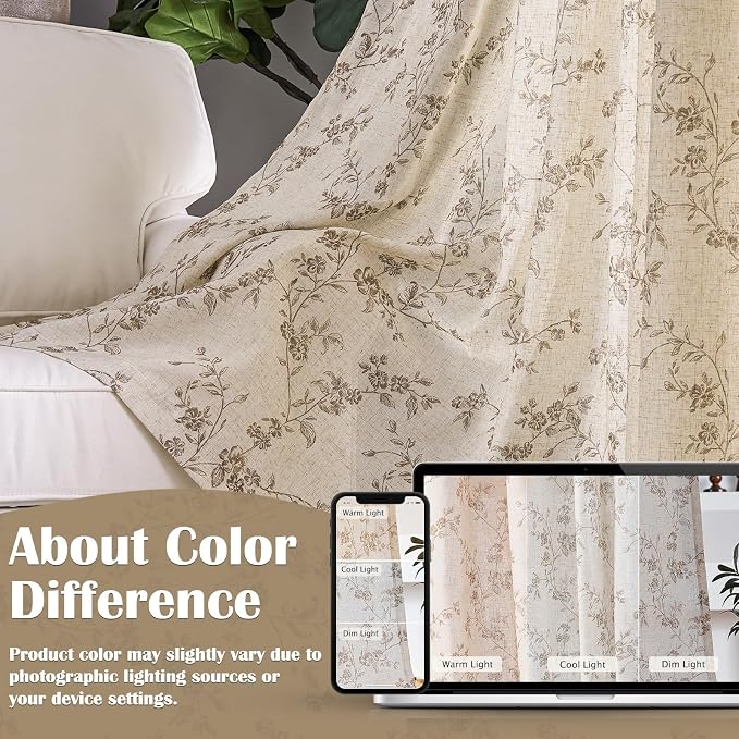 Taupe Vintage Floral Linen Curtains Farmhouse 50W X 90L 2 Panels | Elisa Series - Image 6