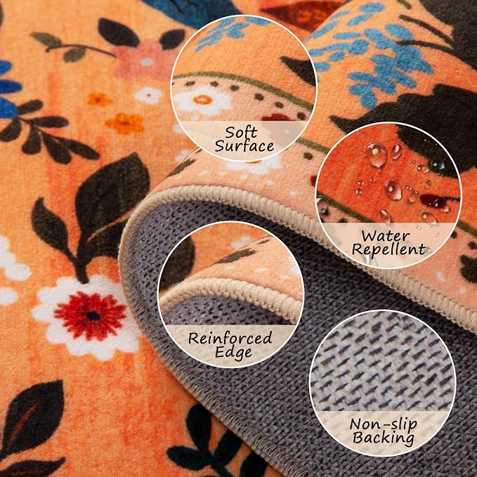 RELEANY Floral Washable Round 6ft Area Rug Yellow/Orange/Red | Flower Carpet - Image 3