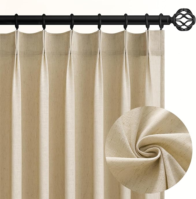 Topfinel Natural Beige Pinch Pleated Semi Sheer Curtains Textured Linen Blended by Topfinel