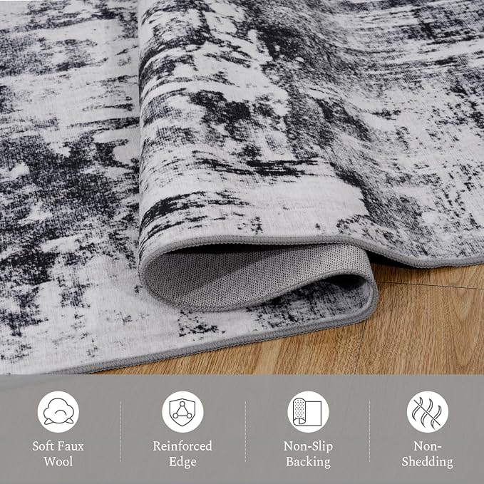 Rugflix Round Area Rugs 4Ft for Living Room, Washable Black Grey Circle Rug | - Image 7