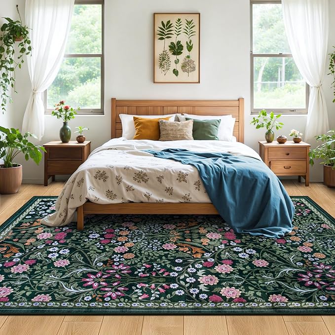 PLHXFR Area Rug 9x12 Living Room: Floral Washable Boho Carpet Dark Green | - Image 3