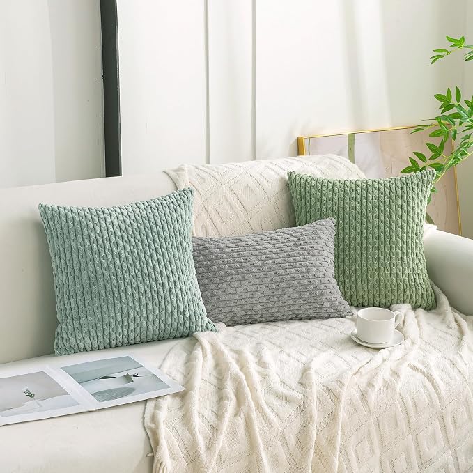 Set of 4 Sage Forest Green Decorative Throw Pillow Covers 16x16 Inch Corduroy - Image 3