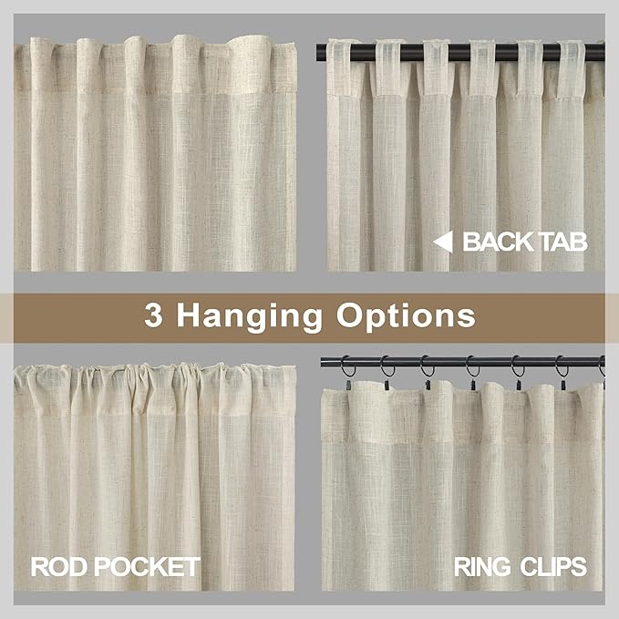 Pitalk Beige Back Tab Linen Curtains 94 Inches Long 2 Panel - Image 5