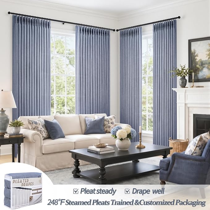 Linen Pinch Pleated Dusty Blue Sheer Curtains 96 Inches Long Living Room - Image 4