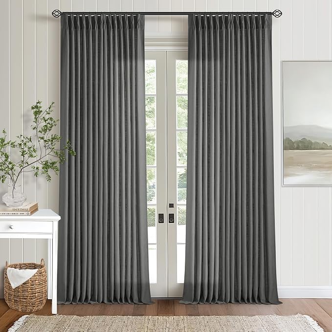 Charcoal Gray Linen Pinch Pleat Semi Sheer 108 Inch Curtains 2 Panels Set | by Twodrapes