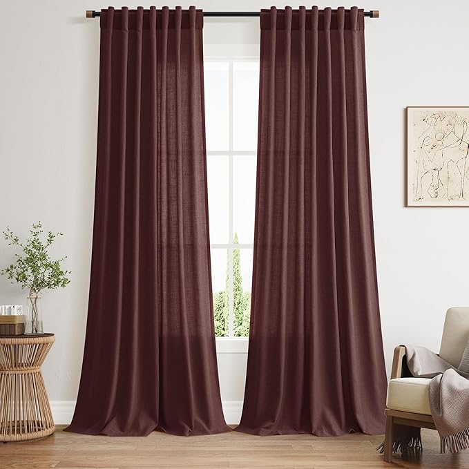 Reddish Brown Linen Blend Light Filtering Back Tab Curtains 108 Inches Long by Nanspring