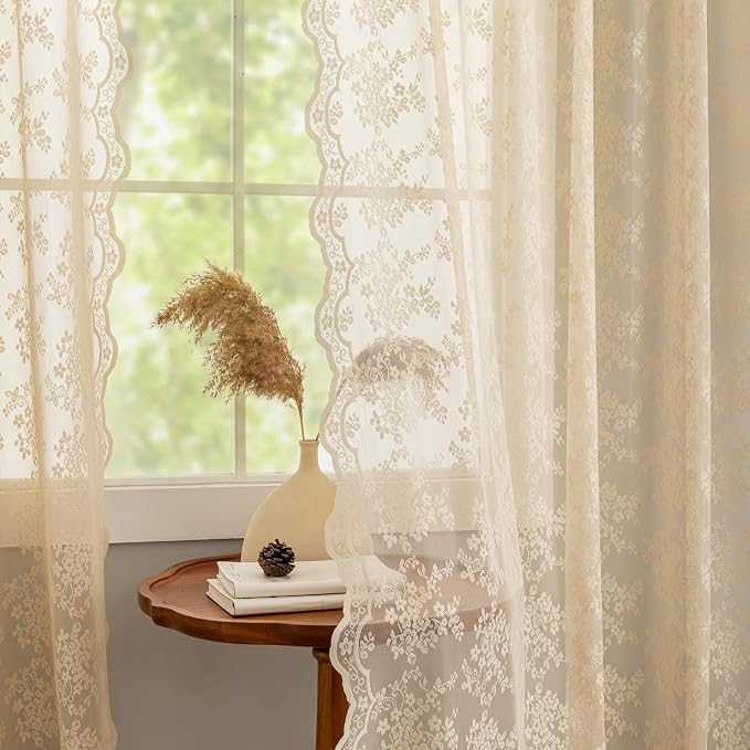 YJ YANJUN Vintage Lace Curtains 84 Inches Long-Retro Floral Beige Sheer Curtain - Image 3