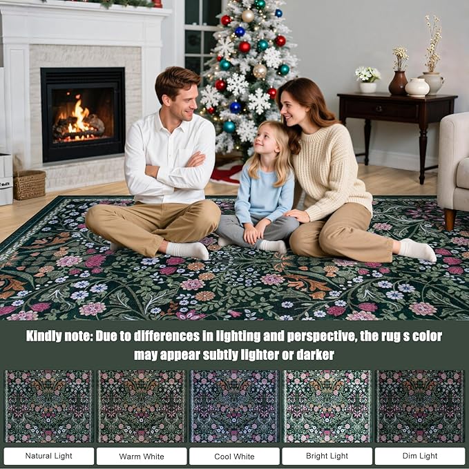 PLHXFR Round Area Rug Living Room: 4 ft Floral Washable Carpet Dark Green | - Image 9