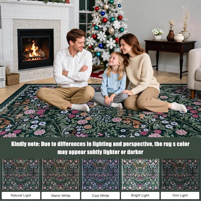 PLHXFR 6x9 Area Rug Living Room: Floral Washable Boho Carpet Dark Green | - Image 9