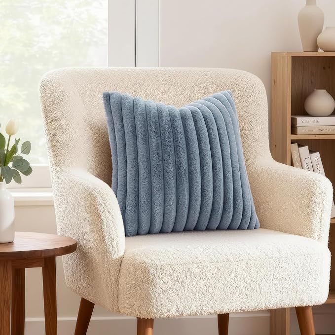 decorUhome Fall Faux Fur Throw Pillow Covers 24x24 Set of 2 Grey Blue | - Image 4
