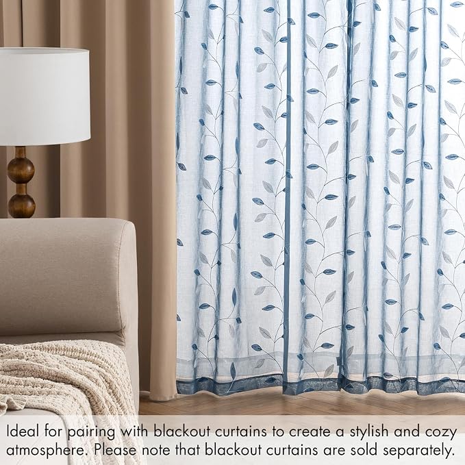 MIULEE Stone Blue Sheer Curtains 2 Panels Leaf Patterned, W52 x L63 | - Image 7