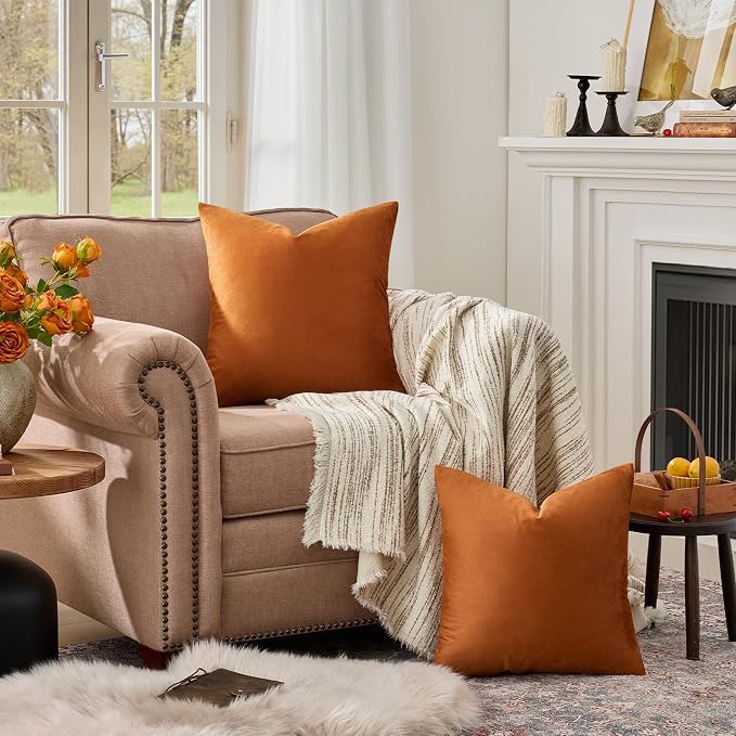 GIGIZAZA Burnt Orange Velvet Throw Pillow Covers 22x22 Pack of 2 | Decorative - Image 3