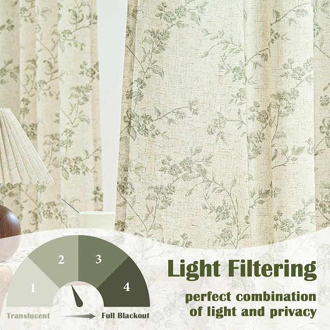 Green Vintage Floral Linen Curtains Farmhouse 50W X 90L 2 Panels | Elisa Series - Image 3