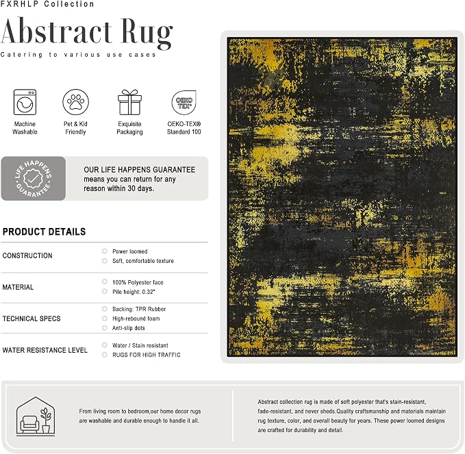 3x14 Washable Runner Rug：Modern Abstract Soft Carpet Black Gold | - Image 3
