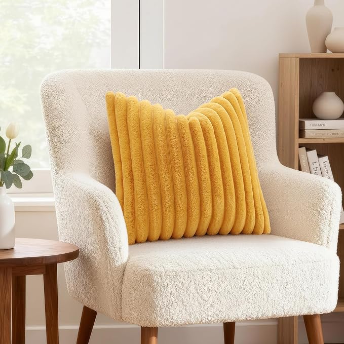 decorUhome Fall Faux Fur Throw Pillow Covers 16x16 Set of 2 Mustard Yellow | - Image 4