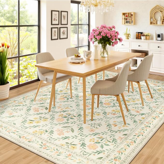 PLHXFR Area Rug Living Room: 5x7 Floral Washable Boho Carpet Beige Multi | - Image 4